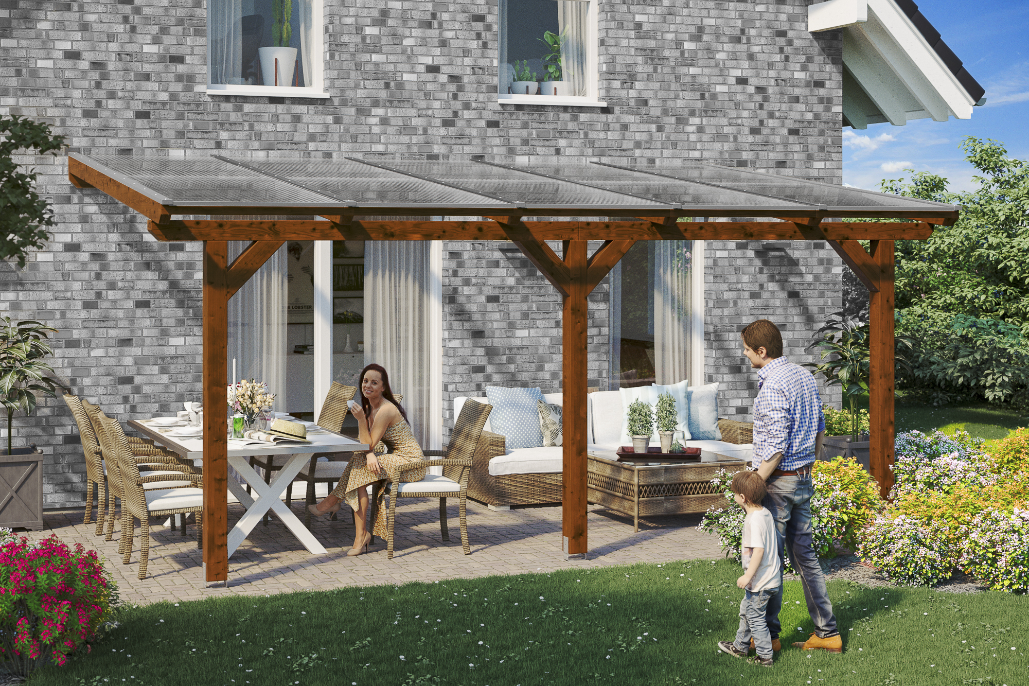 AI generated – Terrassenüberdachung Bormio 541 x 350 cm, Leimholz, nussbaum