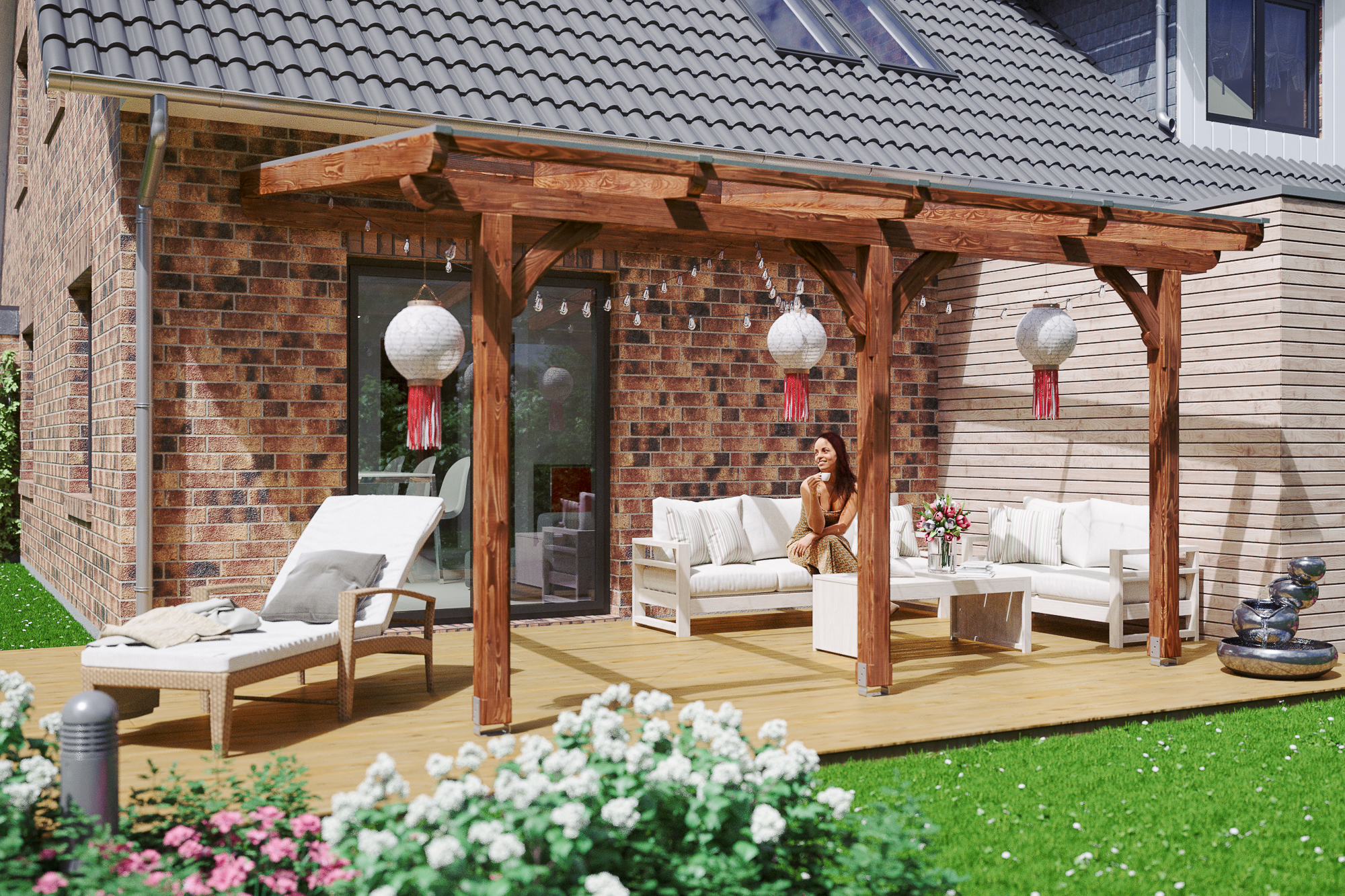 Terrassenüberdachung Rimini 434 x 250 cm, Douglasie, nussbaum